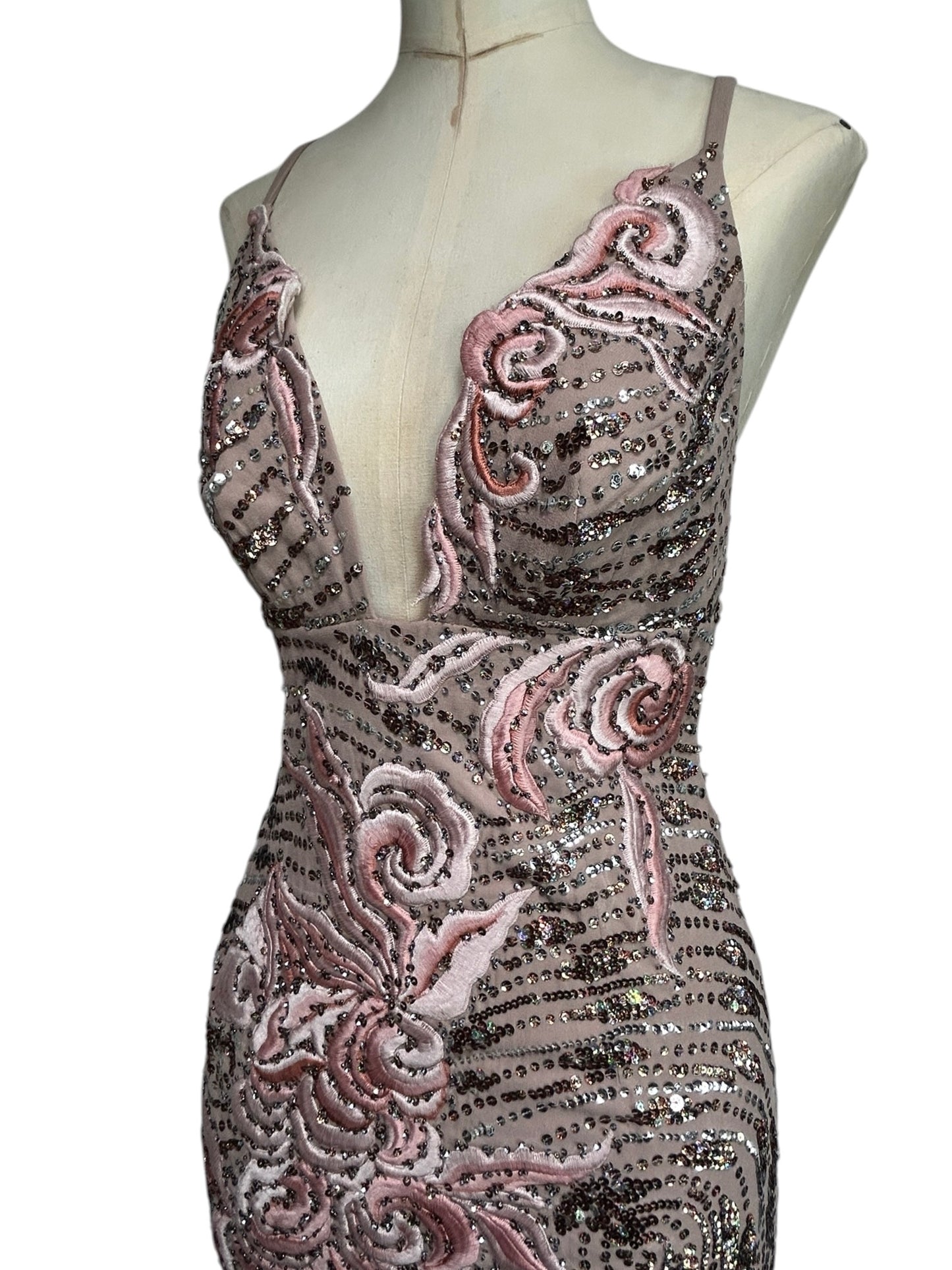 Deadstock Mandalay Blush Taupe Embroidered Sequin Dress — Size 6