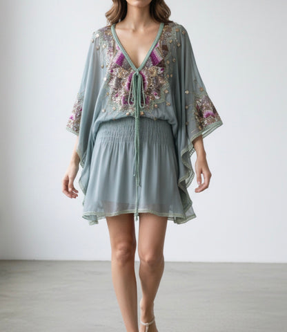 Robin Egg Blue Silk Chiffon Beaded  Mandalay deadstock Tunic size 6