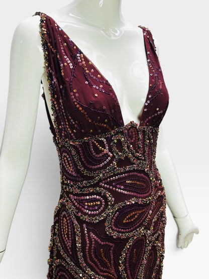 Burgundy silk embroidered Mandalay gown size 6