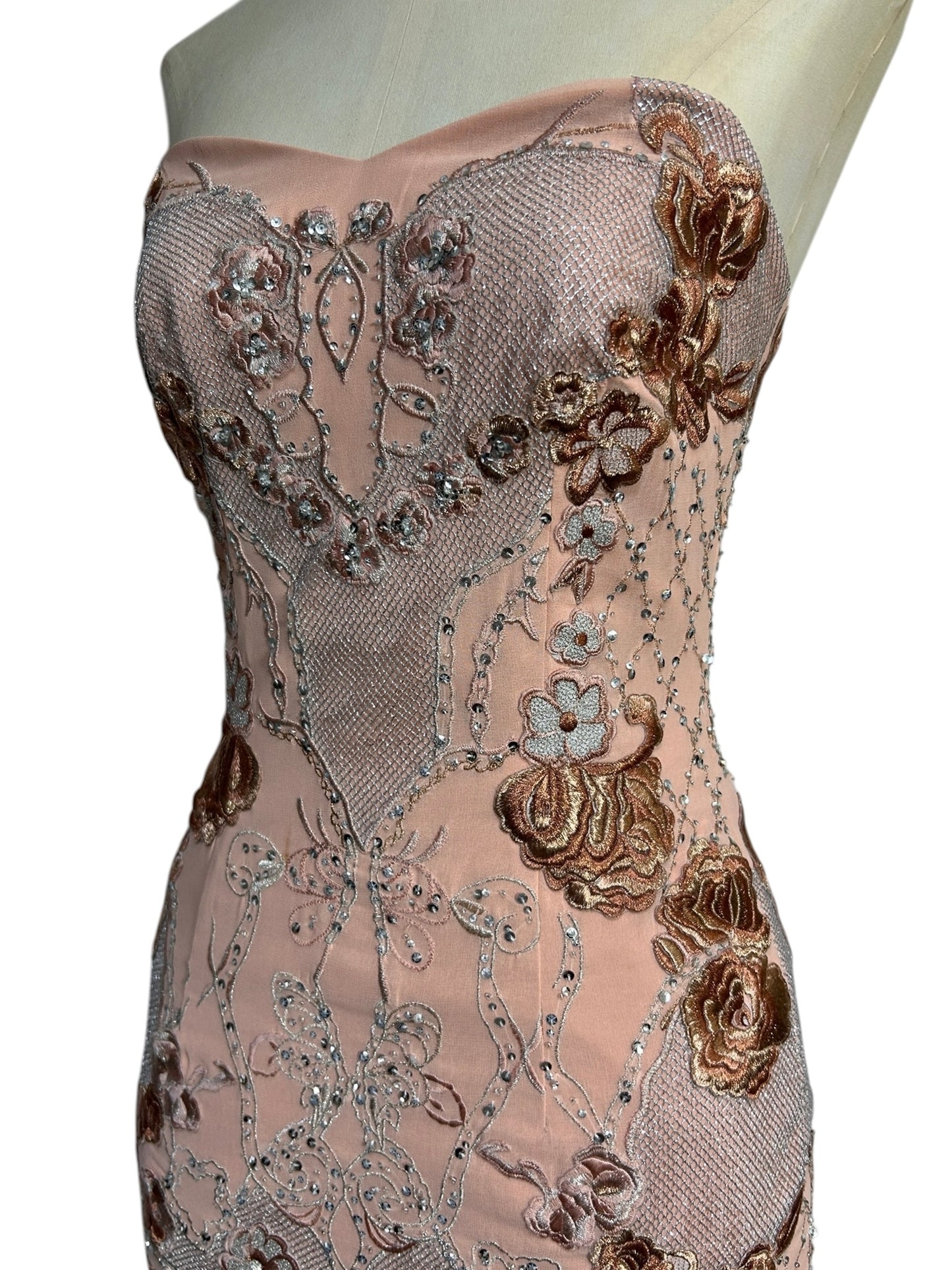 Ballet pink, heavily embroidered strapless, Mandalay wiggle dress size 6