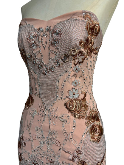 Ballet pink, heavily embroidered strapless, Mandalay wiggle dress size 6