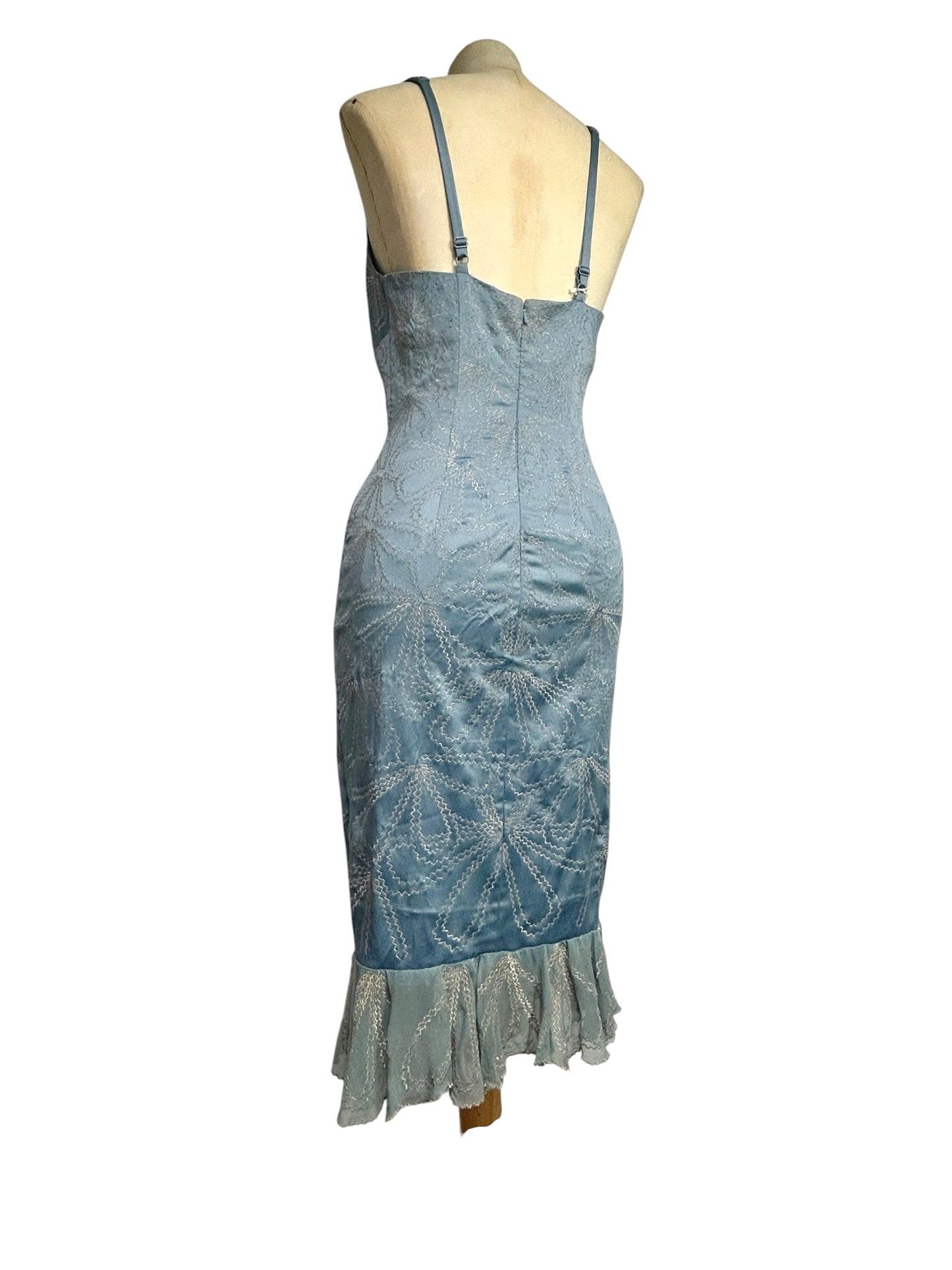 Deadstock Mandalay Sky Blue Satin Embroidered Mermaid Dress – Y2K Silver Embroidery Silk Chiffon Hem Cocktail Dress Size 6