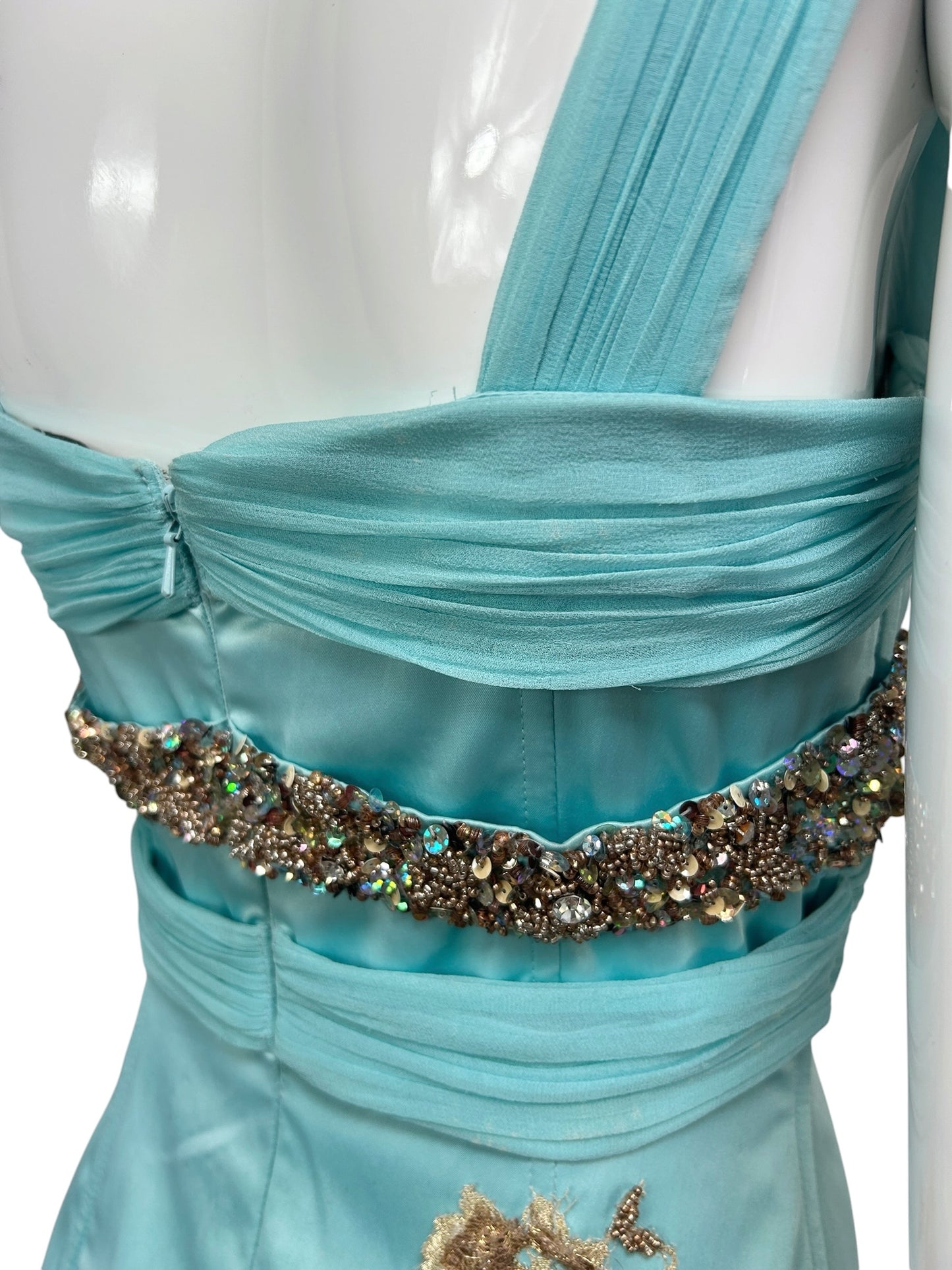Mandalay Aqua Silk Chiffon Beaded Evening Dress – Deadstock Y2K Embroidered Gown | Size 6    AS-IS