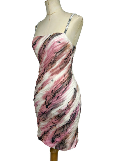 Deadstock Mandalay Hand-Painted Silk Chiffon Ruched Mini Dress – Y2K Pink Abstract Print Beaded Cocktail Dress Size 6