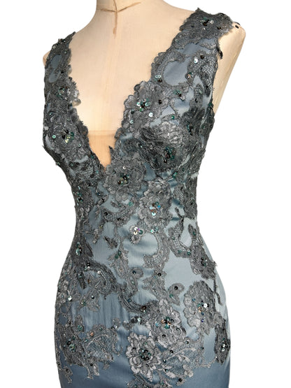 Deadstock Mandalay French Blue Silk Satin Beaded Lace Dress — Size 6