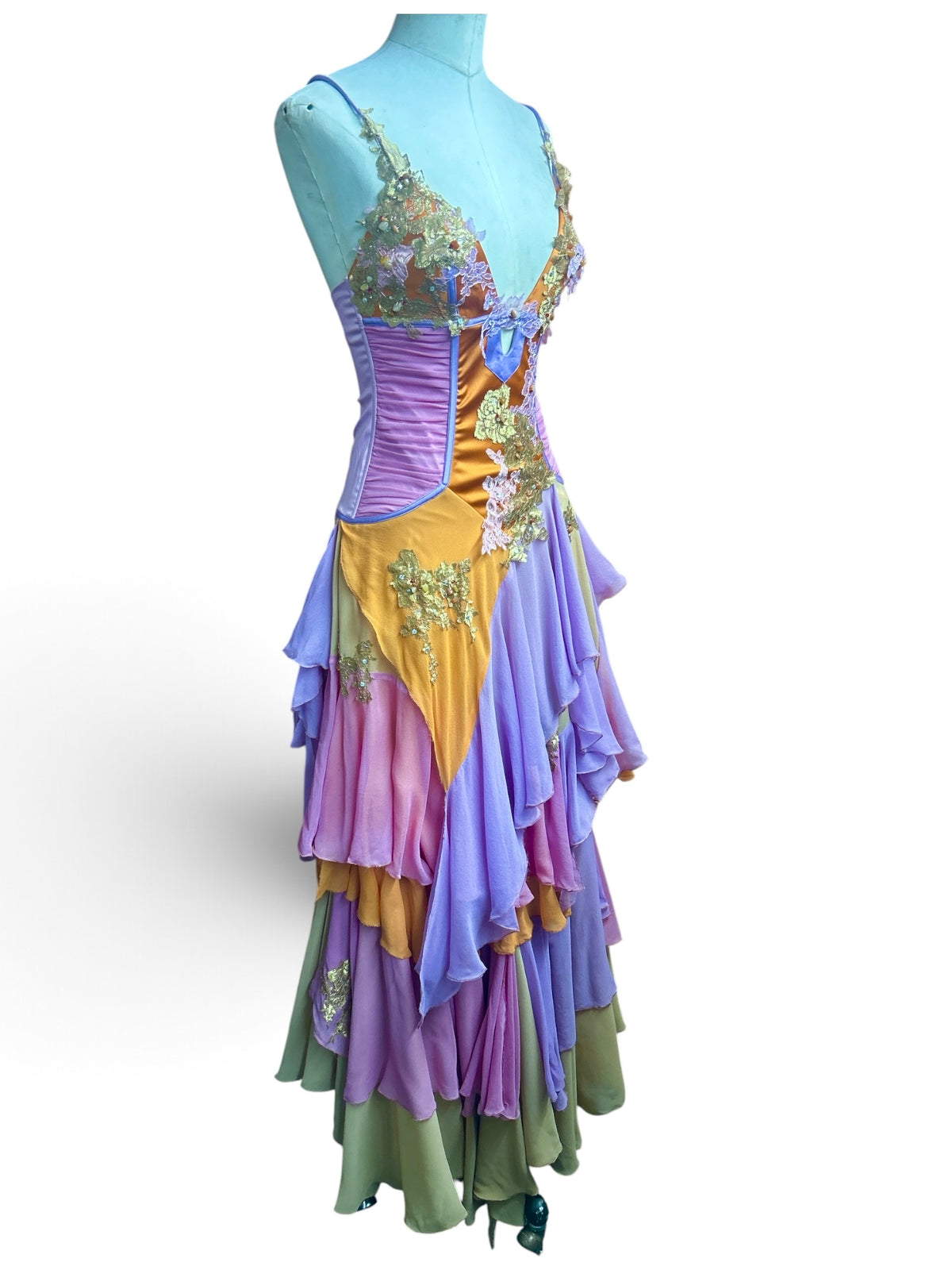 Mandalay Long Layered Silk Gown with Lace and Beaded Details – Sunset Lavender, Rose & Gold sizes 4-6-8-10 Addison Rae