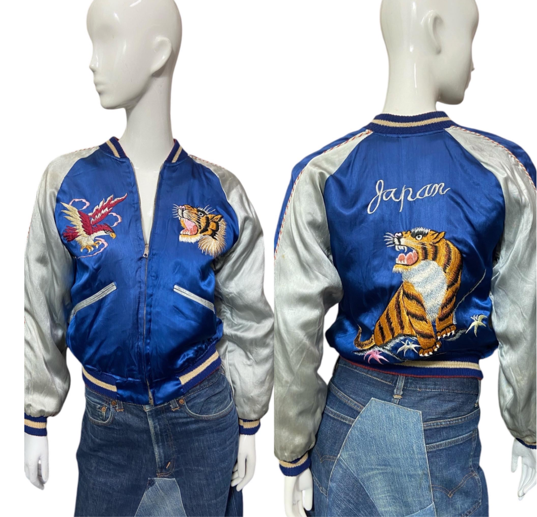 REVERSIBLE 50’s Satin Bomber Japan Souvenir Jacket with Tiger, Eagle and Map Embroidery