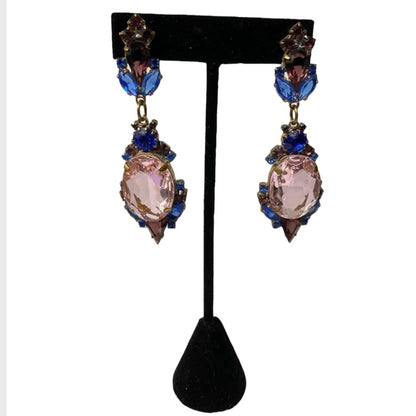 80’s Glass Gem Drop Earrings in Pink, Purple & Blue Pierced Ears