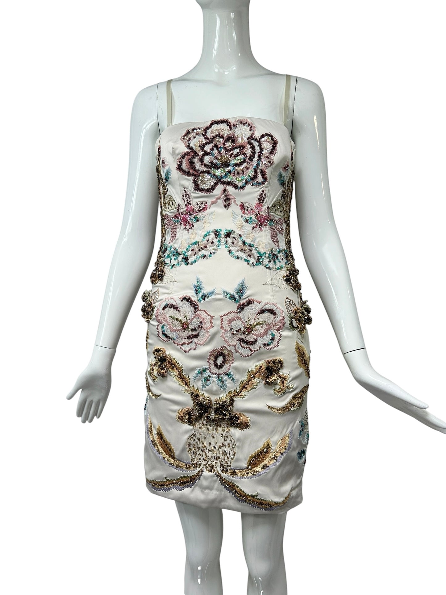 Mandalay Deadstock Embellished Silk Satin Cocktail Dress | Beaded Floral Y2K Mini | Size 2