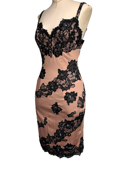 Deadstock Mandalay Pink Silky stretch Dress with Black Lace & Beaded Appliqué — Size 6