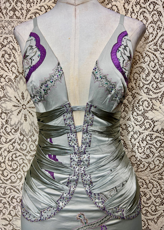 Deadstock Y2K Mandalay “Sharon Stone” Silk Embellished Dress — Ice Orchid (Size 4)