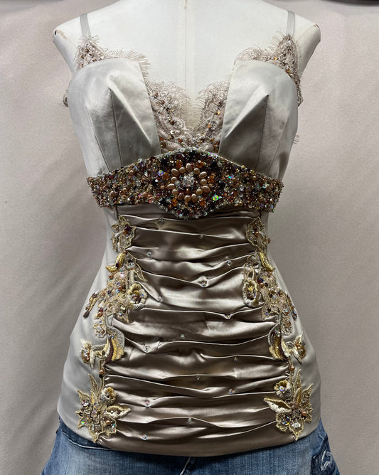 Vintage Deadstock Y2K Mandalay Corset Top – Taupe Satin w/ Embroidery & Rhinestones (Size 10)