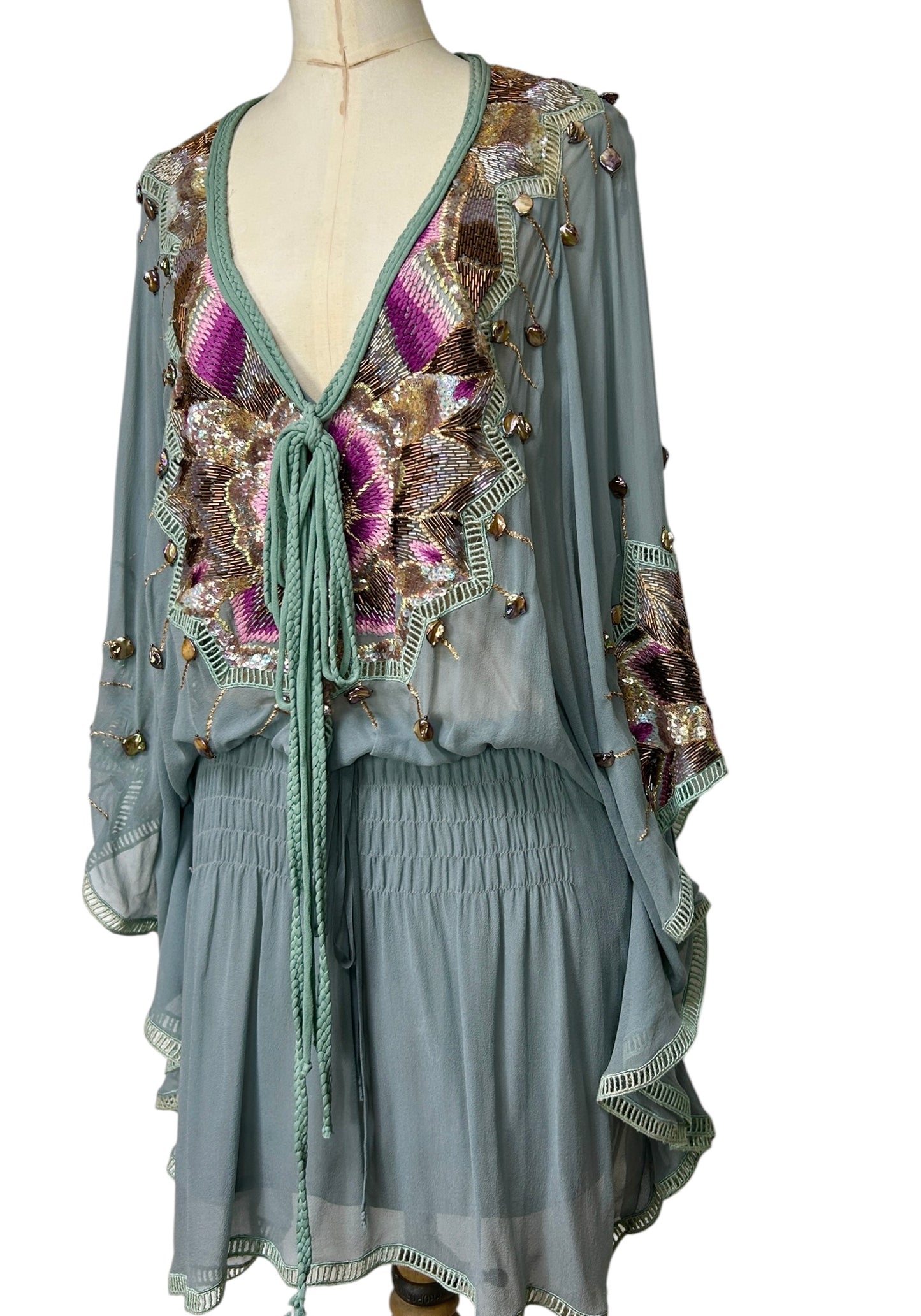 Robin Egg Blue Silk Chiffon Beaded  Mandalay deadstock Tunic size 6