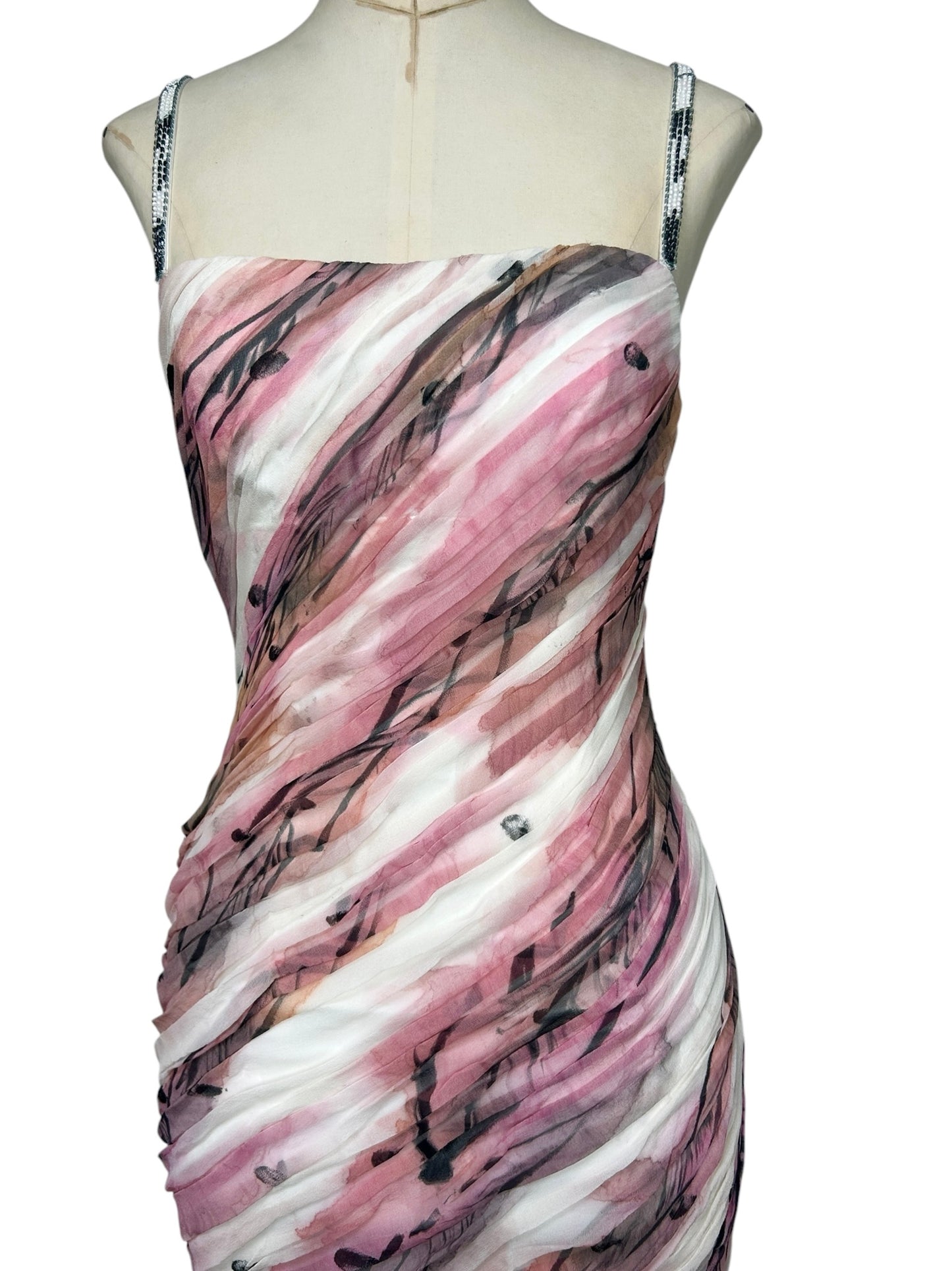 Deadstock Mandalay Hand-Painted Silk Chiffon Ruched Mini Dress – Y2K Pink Abstract Print Beaded Cocktail Dress Size 6