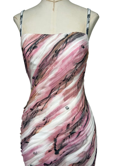 Deadstock Mandalay Hand-Painted Silk Chiffon Ruched Mini Dress – Y2K Pink Abstract Print Beaded Cocktail Dress Size 6