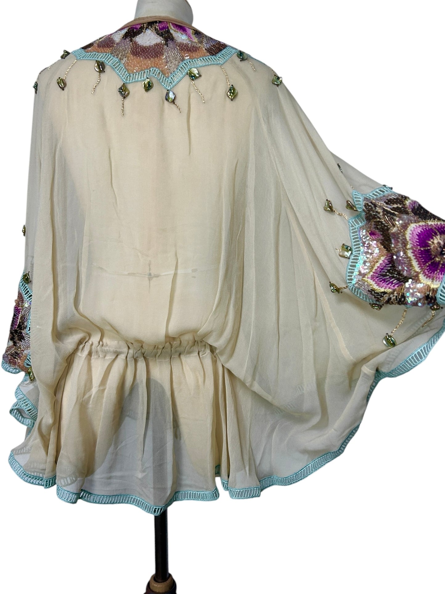 Deadstock Mandalay Silk Chiffon Beaded Butterfly Sleeve Tunic Top – Size 4