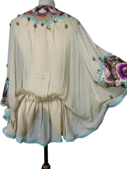 Deadstock Mandalay Silk Chiffon Beaded Butterfly Sleeve Tunic Top – Size 4