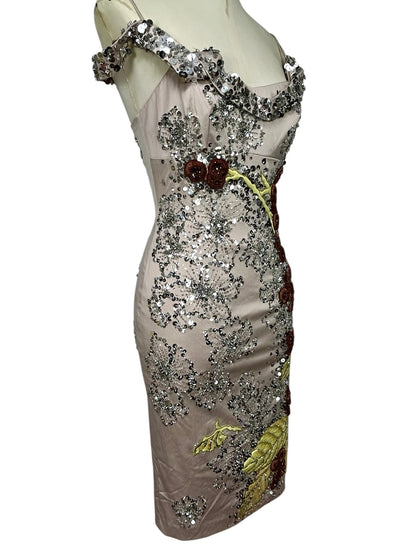 Extraordinary One-of-a-Kind Deadstock Mandalay 1940s Inspired Sequin Embroidered Cocktail Dress – Glamorous Y2K Designer Evening Wiggle Dress Size 6