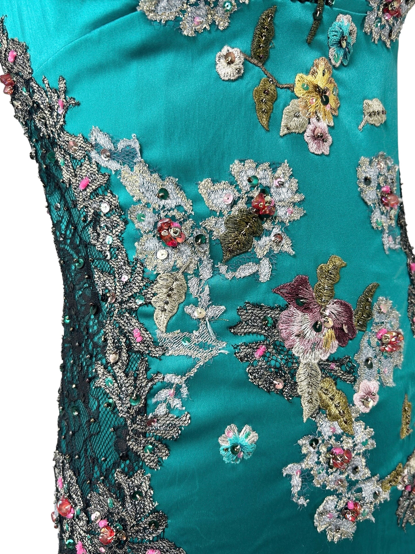 Mandalay Peacock Stretch Satin Beaded Cocktail Dress – Deadstock Y2K Embroidered Dress | Size 6