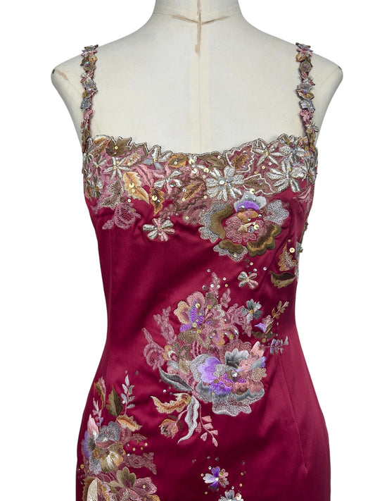 Deadstock Mandalay Burgundy Satin Floral Beaded Midi Dress – Y2K Embroidered Silk Evening Dress size 8