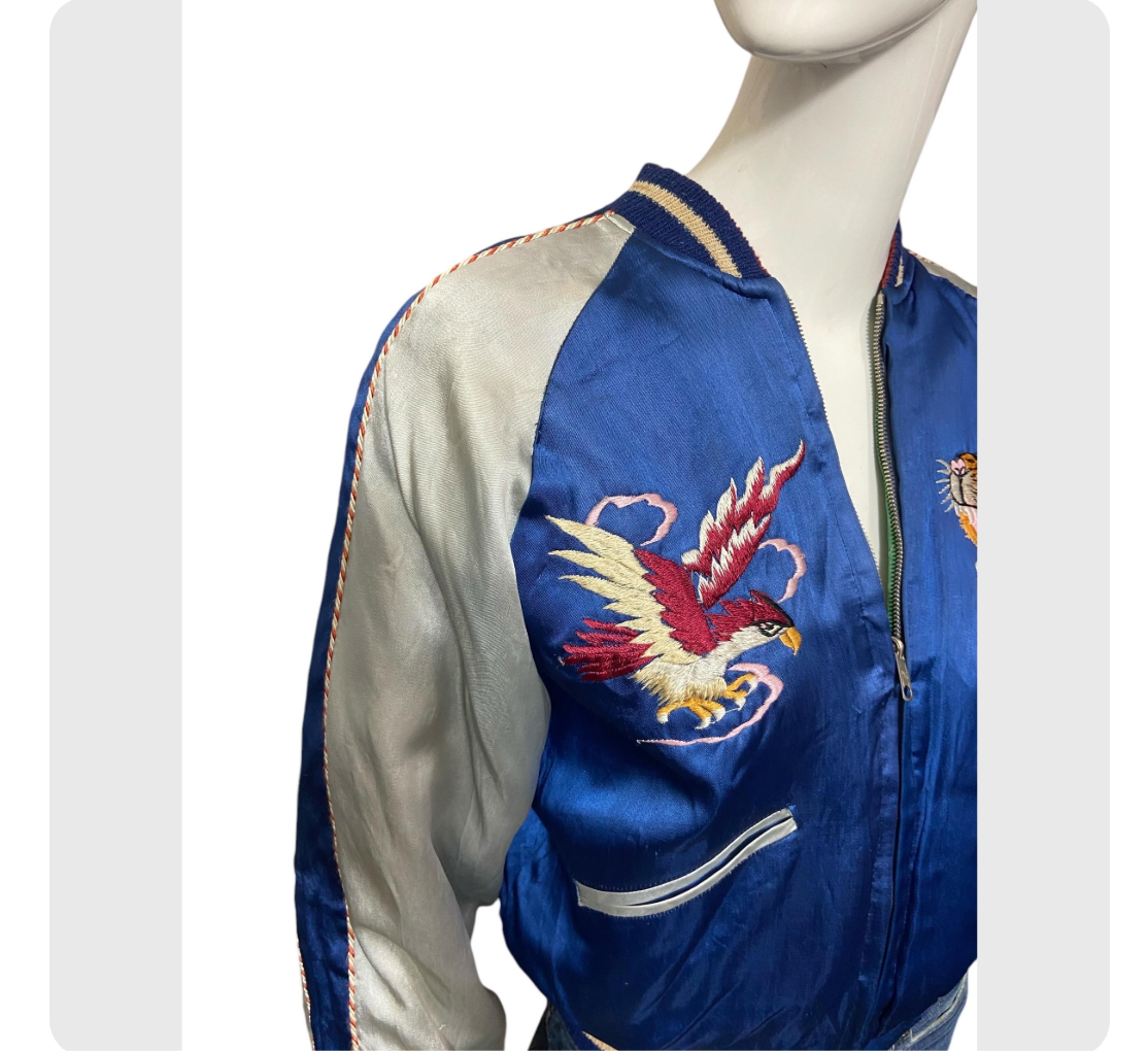 REVERSIBLE 50’s Satin Bomber Japan Souvenir Jacket with Tiger, Eagle and Map Embroidery