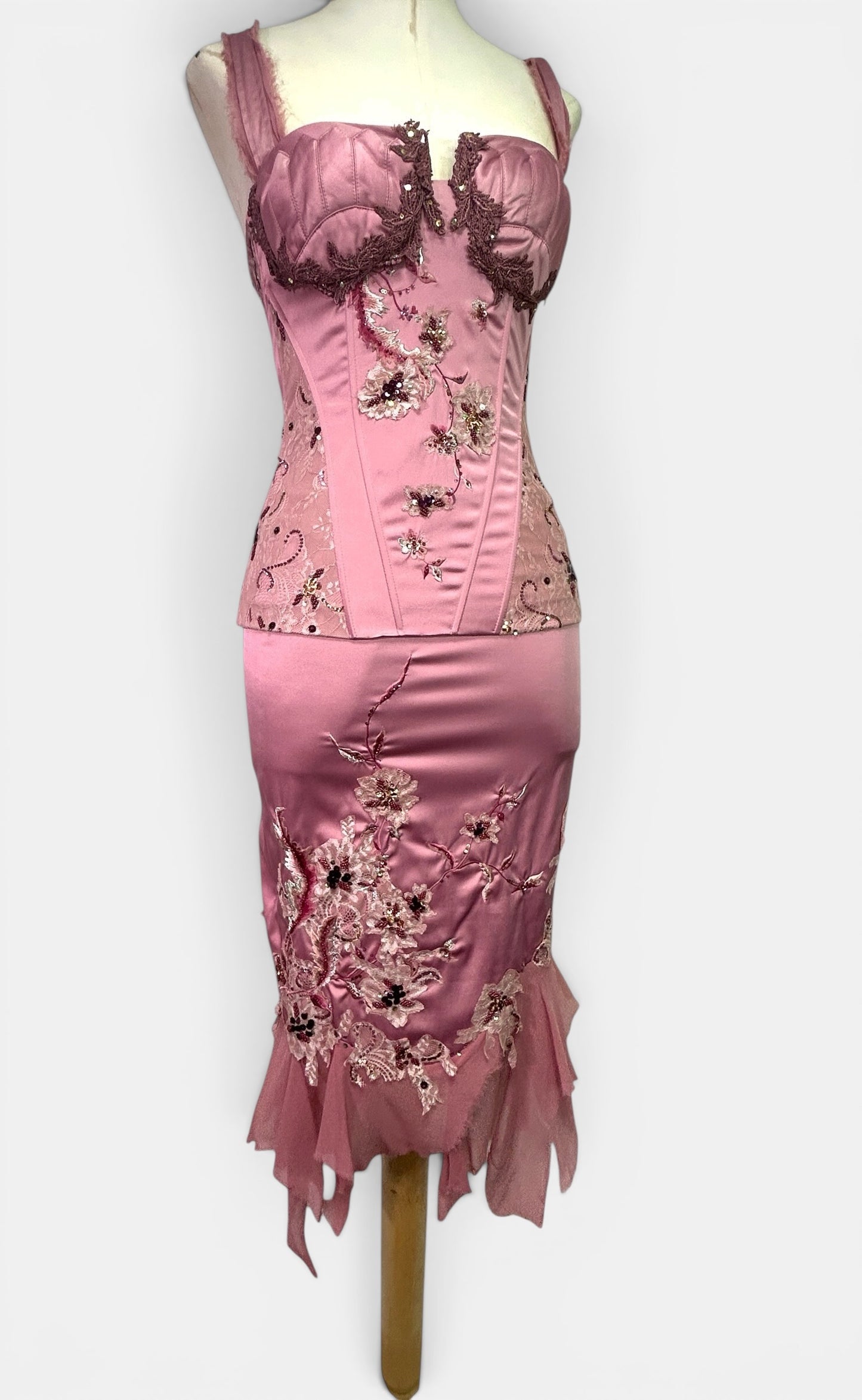 Mandalay Deadstock Dusty Rose Embellished Two-Piece Satin & Silk Chiffon Set | Top Size 8 / Skirt Size 6