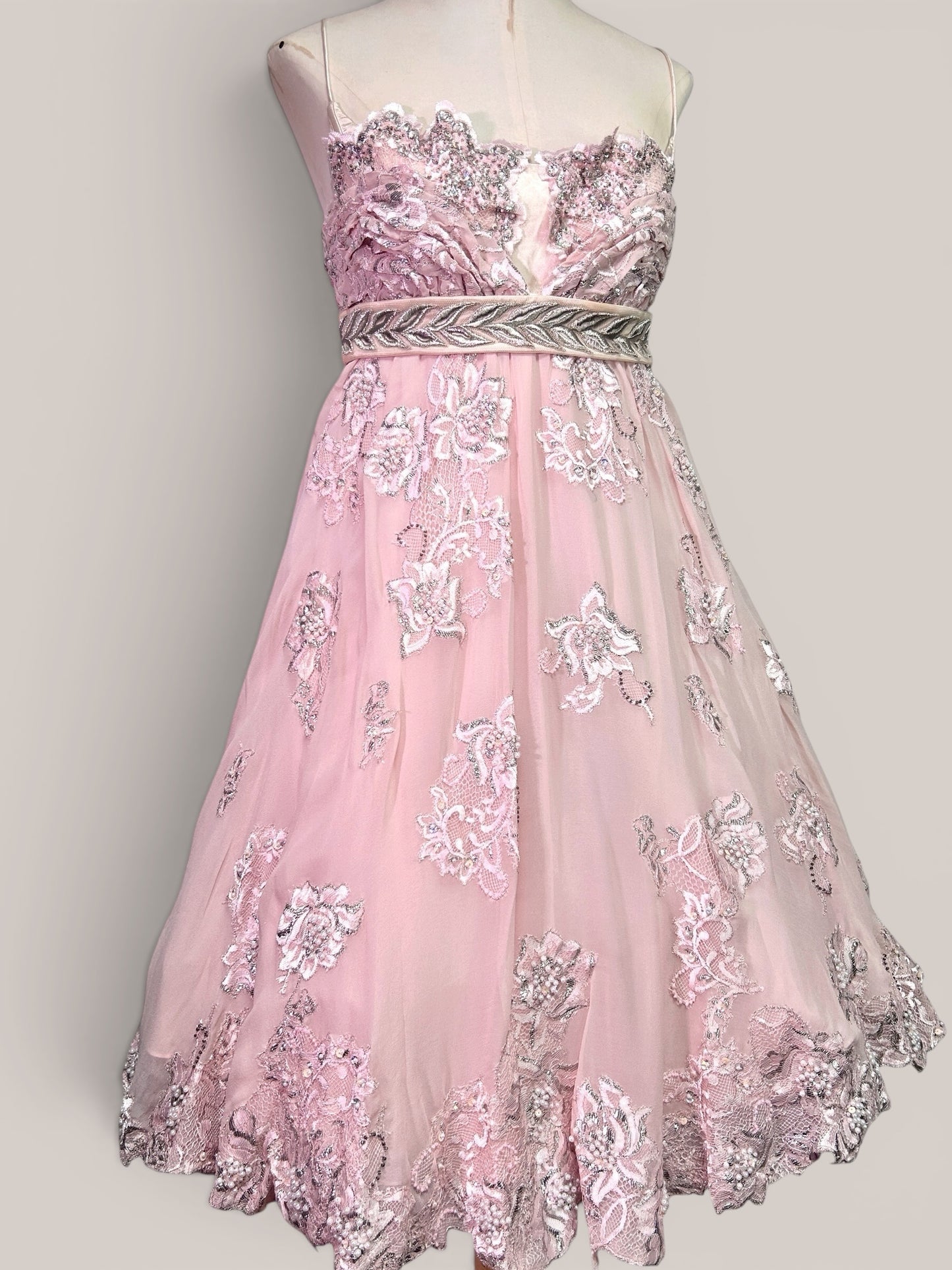 Mandalay Deadstock Silk Chiffon Princess Dress in Blush Pink | Beaded Empire Waist | Size 10