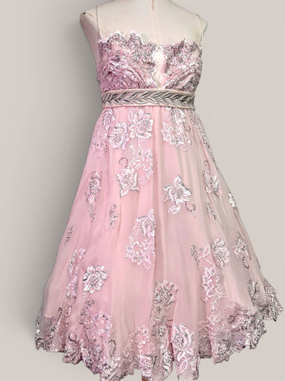 Mandalay Deadstock Silk Chiffon Princess Dress in Blush Pink | Beaded Empire Waist | Size 10