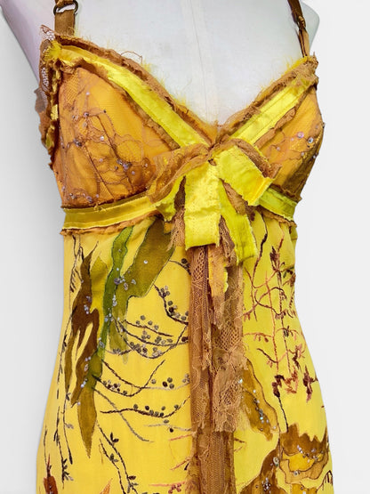 Mandalay One-of-a-Kind Silk Chiffon Beaded Fairy Babydoll Dress | Golden Chartreuse Appliqué | Size 6