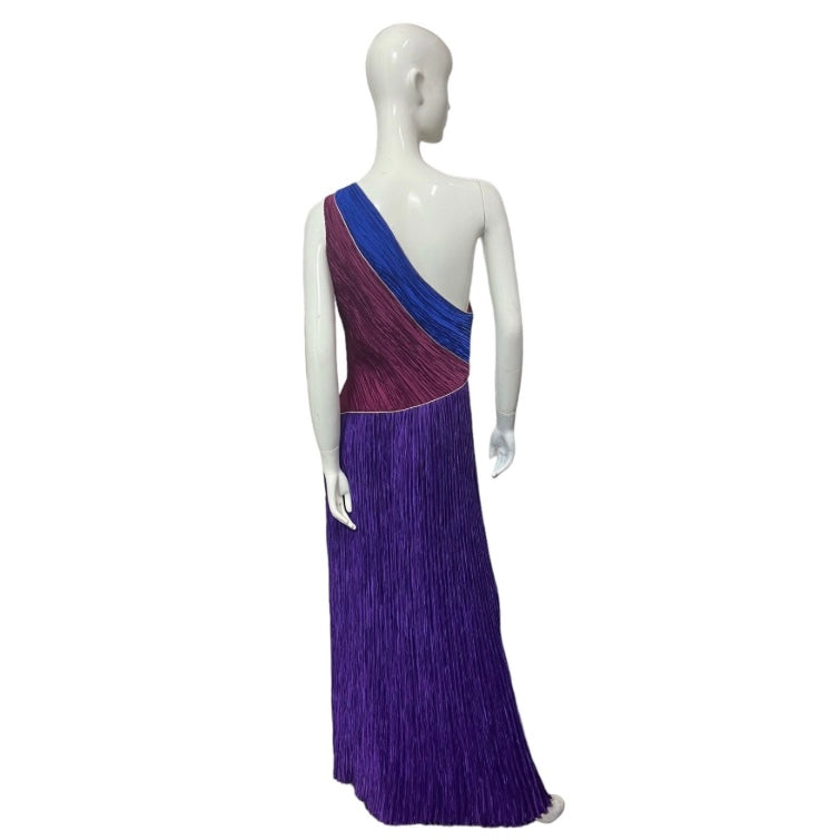 80’s Mary McFadden One Shoulder Colorblock Plisse Gown