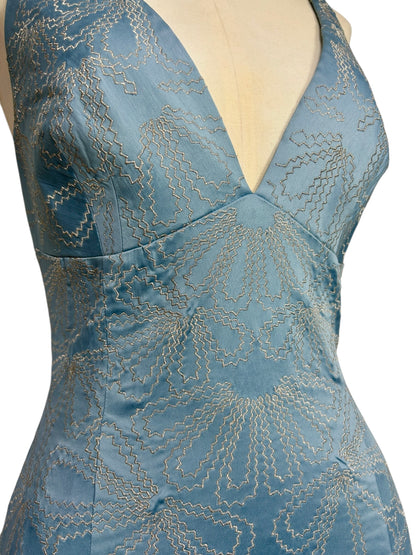 Deadstock Mandalay Sky Blue Satin Embroidered Mermaid Dress – Y2K Silver Embroidery Silk Chiffon Hem Cocktail Dress Size 6