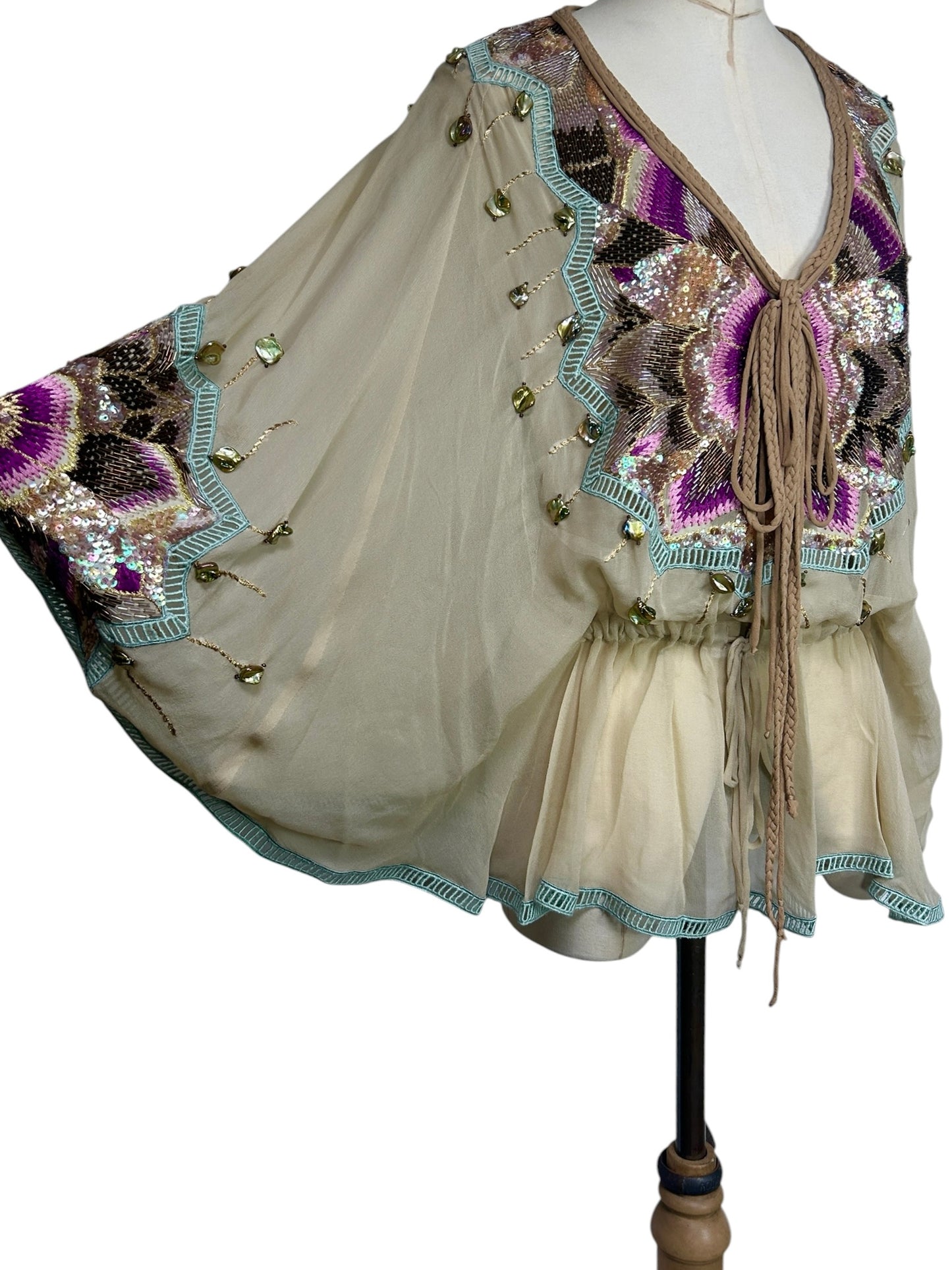 Deadstock Mandalay Silk Chiffon Beaded Butterfly Sleeve Tunic Top – Size 4