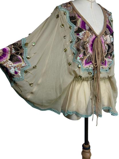 Deadstock Mandalay Silk Chiffon Beaded Butterfly Sleeve Tunic Top – Size 4