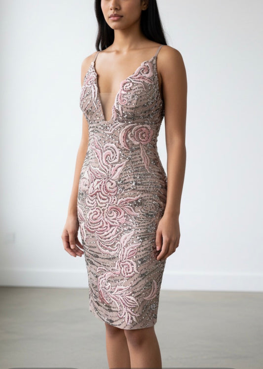 Deadstock Mandalay Blush Taupe Embroidered Sequin Dress — Size 6