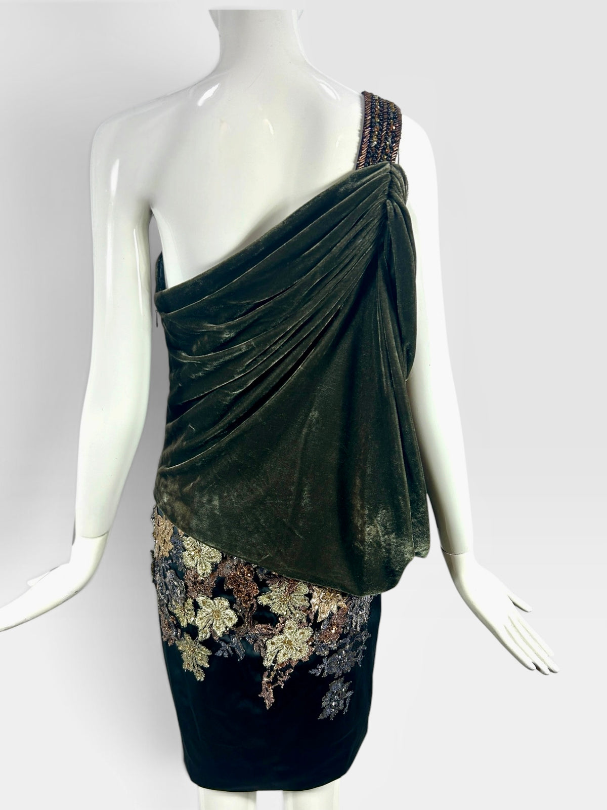 Crushed velvet olive and black one shoulder, Mandalay dress size 8