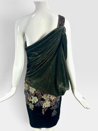 Crushed velvet olive and black one shoulder, Mandalay dress size 8
