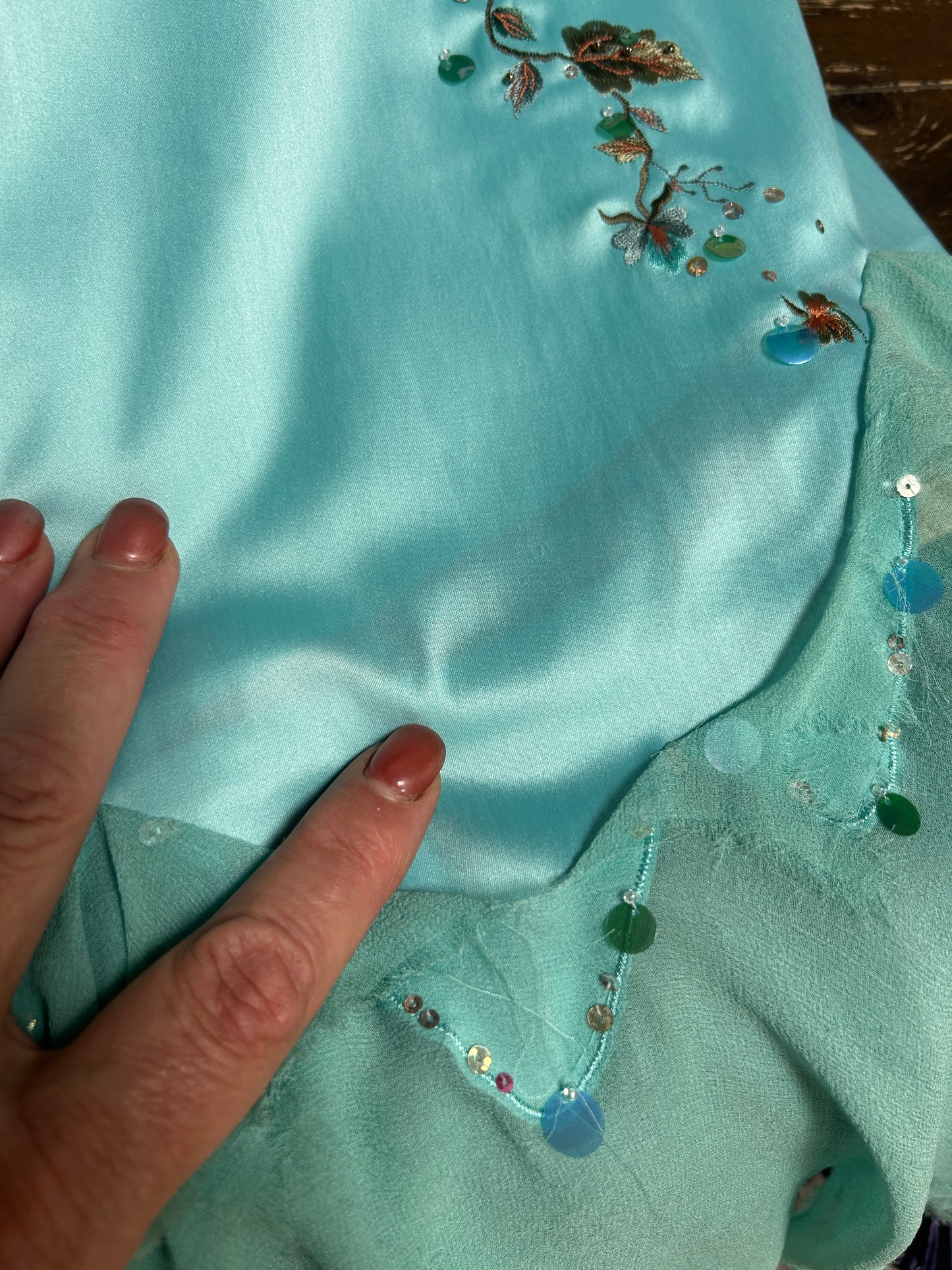 Mandalay Aqua Silk Butterfly Embroidered Dress – Deadstock Y2K Beaded Slip Dress | Size 8
