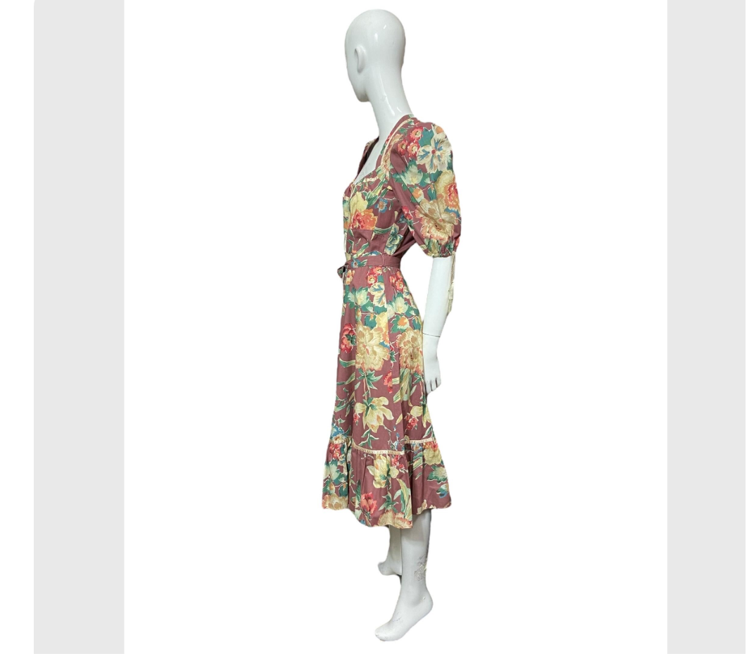 70’s “Foxy Lady” Floral Print Cotton Prairie Style Dress with Puff Sleeves
