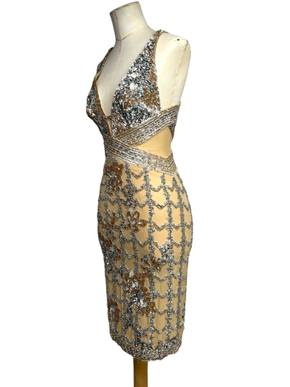 Champagne Deadstock Mandalay Silk Chiffon Beaded Dress – Size 2