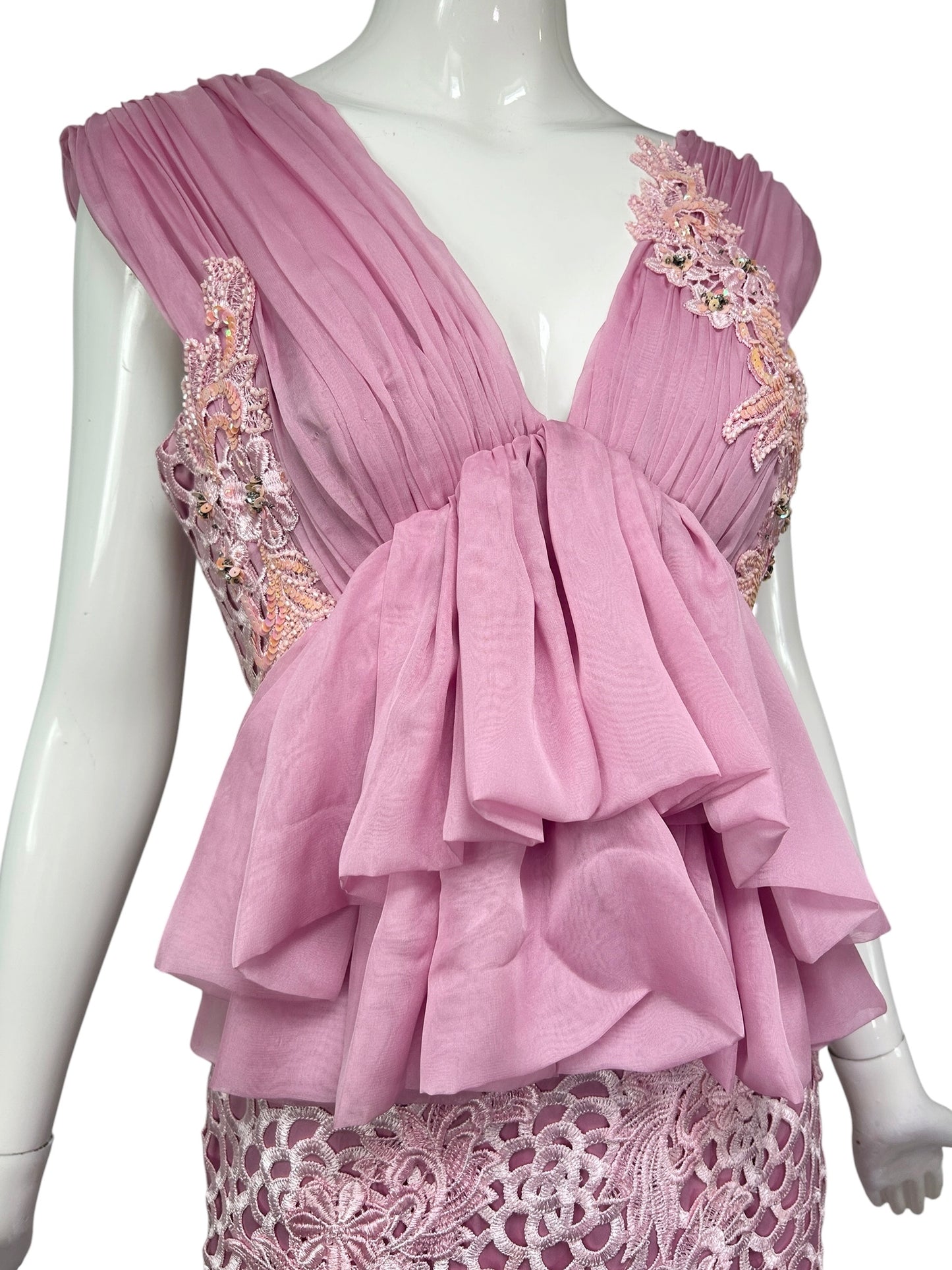 One-of-a-Kind Deadstock Mandalay Pink Appliqué Cocktail Dress | Silk Chiffon & Lace | Y2K Size 6