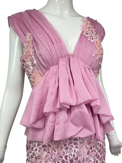One-of-a-Kind Deadstock Mandalay Pink Appliqué Cocktail Dress | Silk Chiffon & Lace | Y2K Size 6