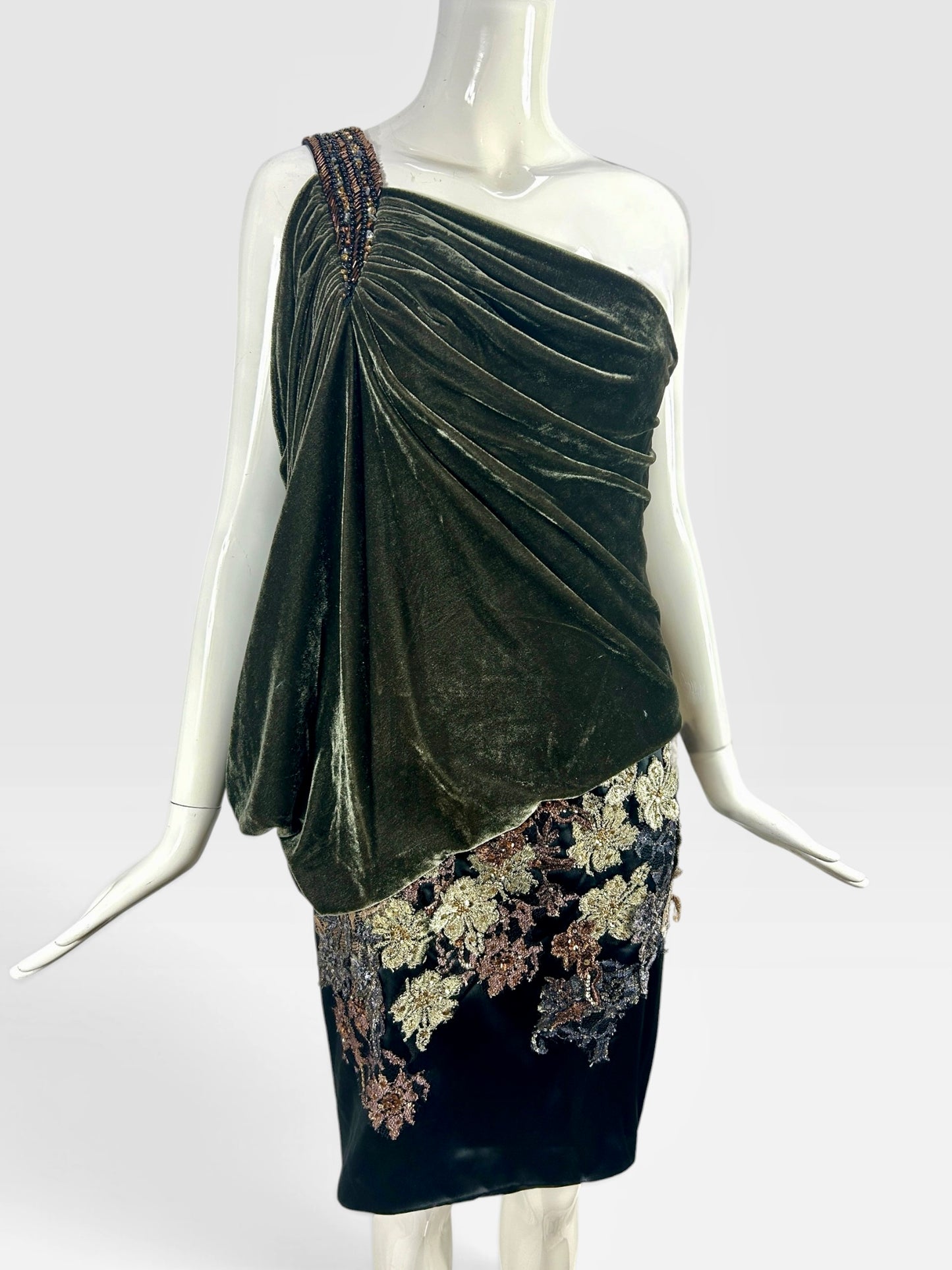 Crushed velvet olive and black one shoulder, Mandalay dress size 8