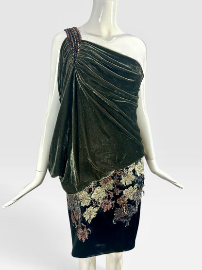 Crushed velvet olive and black one shoulder, Mandalay dress size 8
