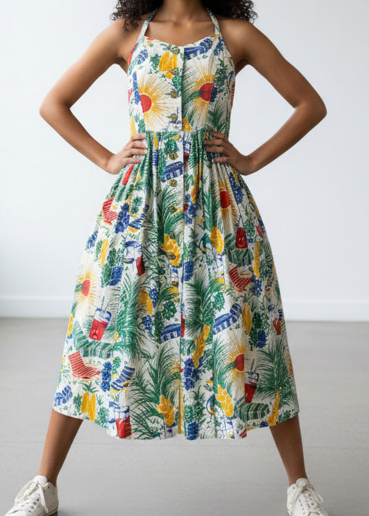 1940s–Early 1950s Tropical Print Linen Halter Dress