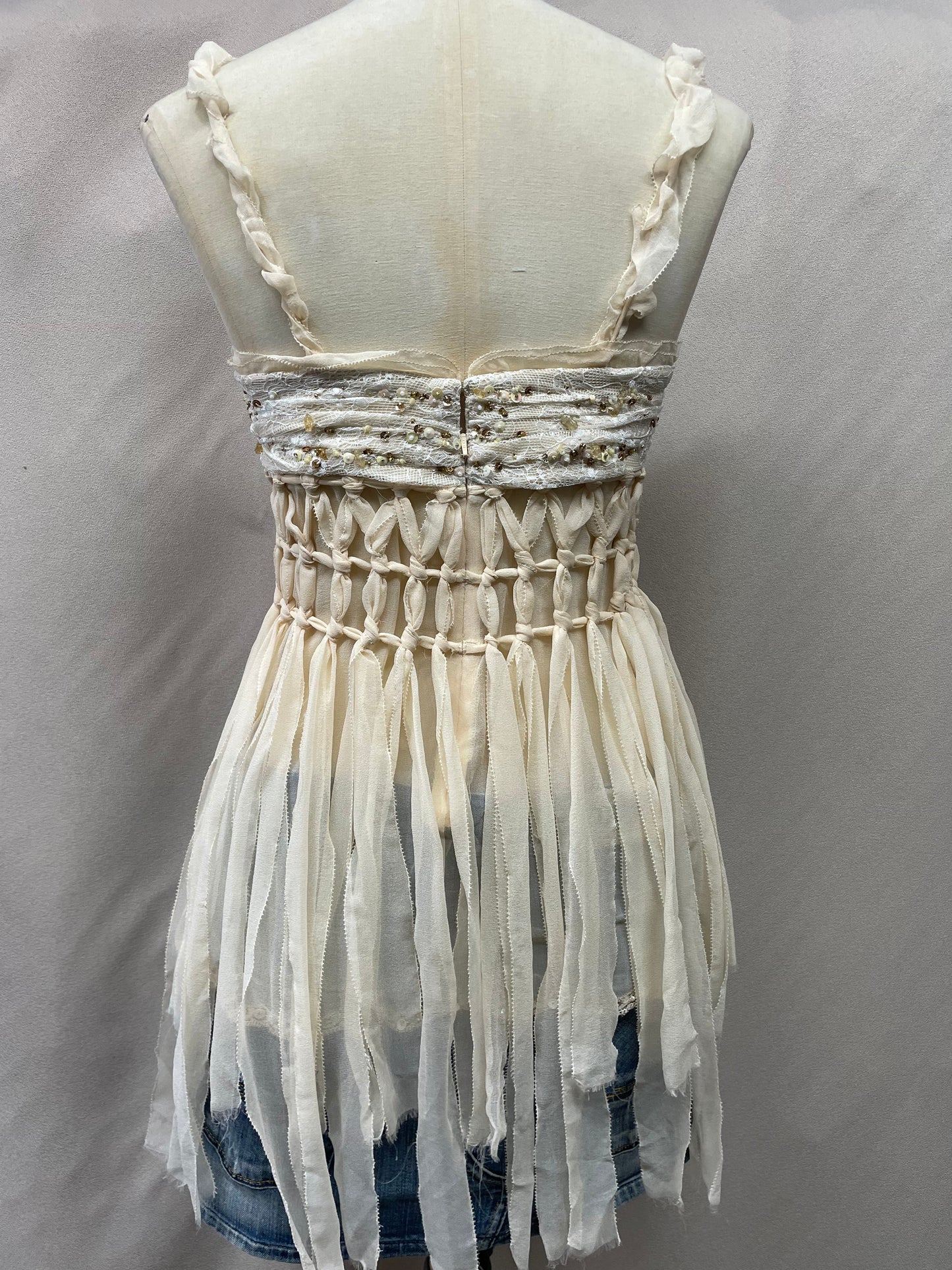 Y2K Vintage Deadstock Mandalay Ribbon Fringe Top – Lace, Beaded & Sequined (Size 10)