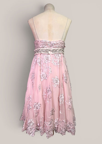 Mandalay Deadstock Silk Chiffon Princess Dress in Blush Pink | Beaded Empire Waist | Size 10