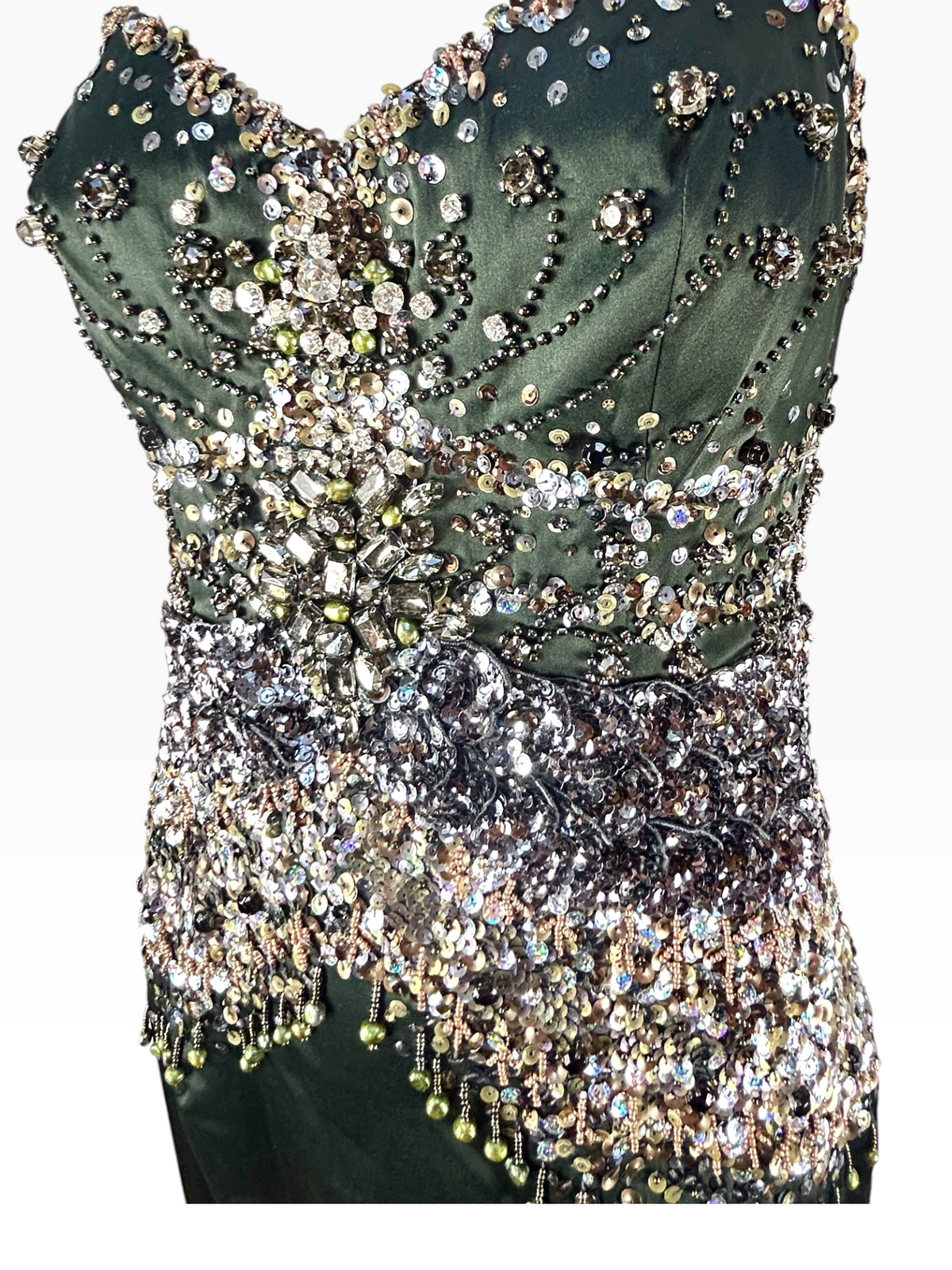 Deadstock Mandalay Dark Green Pearl, Rhinestone & Sequin Dress – Size 8