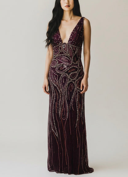 Burgundy silk embroidered Mandalay gown size 6