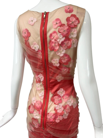 Mandalay Illusion Floral Appliqué Dress – Deadstock Y2K Mesh Cocktail Dress | Size 6. AS-IS