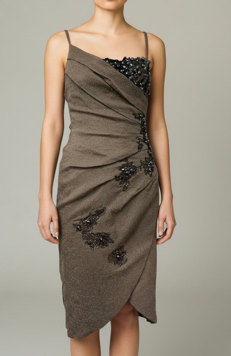 Mandalay Cocoa Embroidered Wrap Dress – Deadstock Beaded Cocktail Dress | Size 6